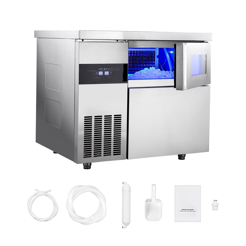 KFFKFF Commercial Ice Maker Machine, 265 lbs/24H Stainless Steel Ice Machine with Worktop, 66 lbs Storage & 126 Cubes/Cycle, Self-Cleaning Freestanding Ice-Making