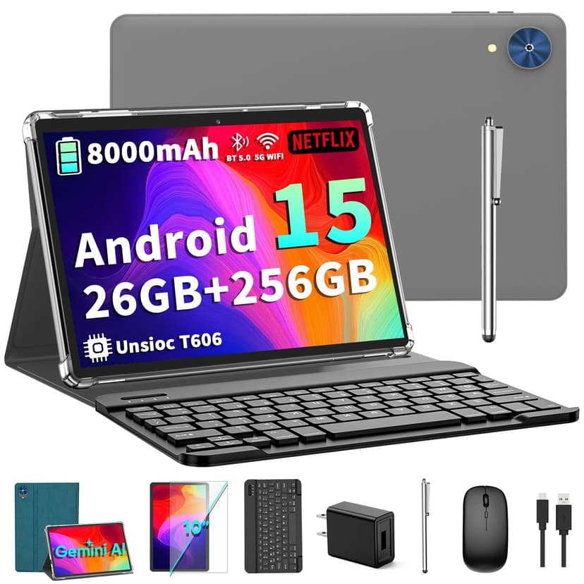 2026 Android 15 Tablet with Keyboard - 26GB+256GB+2TB Expand, Octa-Core, Gemini AI, 2.4G/5G Wifi, 8000mAh, Widevine L1, Dual Came