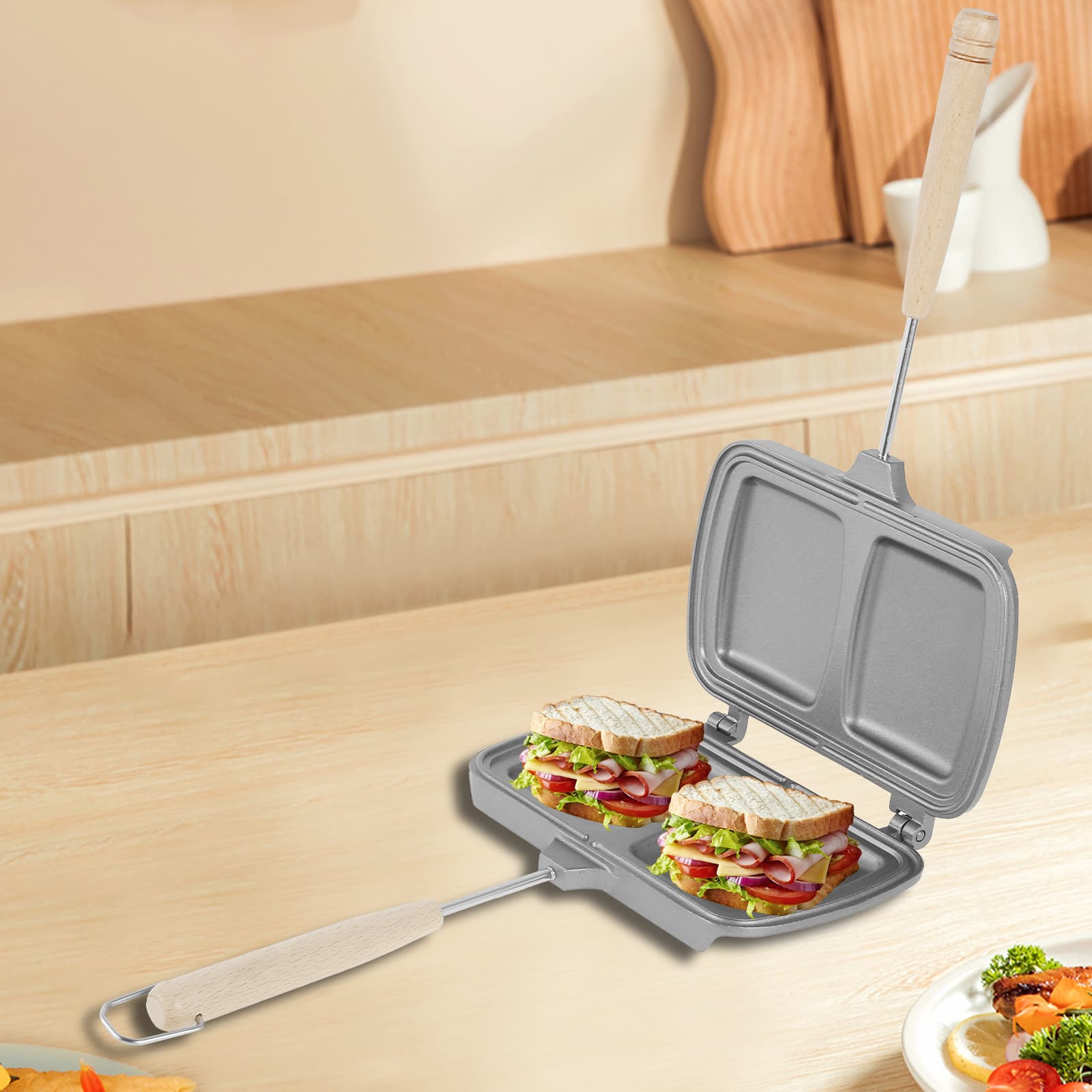 Wekvgz 2Pcs Double Side Sandwich Pan Heat Resistant Double Sided Frying Pan Nonstick Sandwich Maker Pan Portable Sandwich Grill Pan Reusable Hot Sandwich Maker for Breakfast Pancakes Cooking