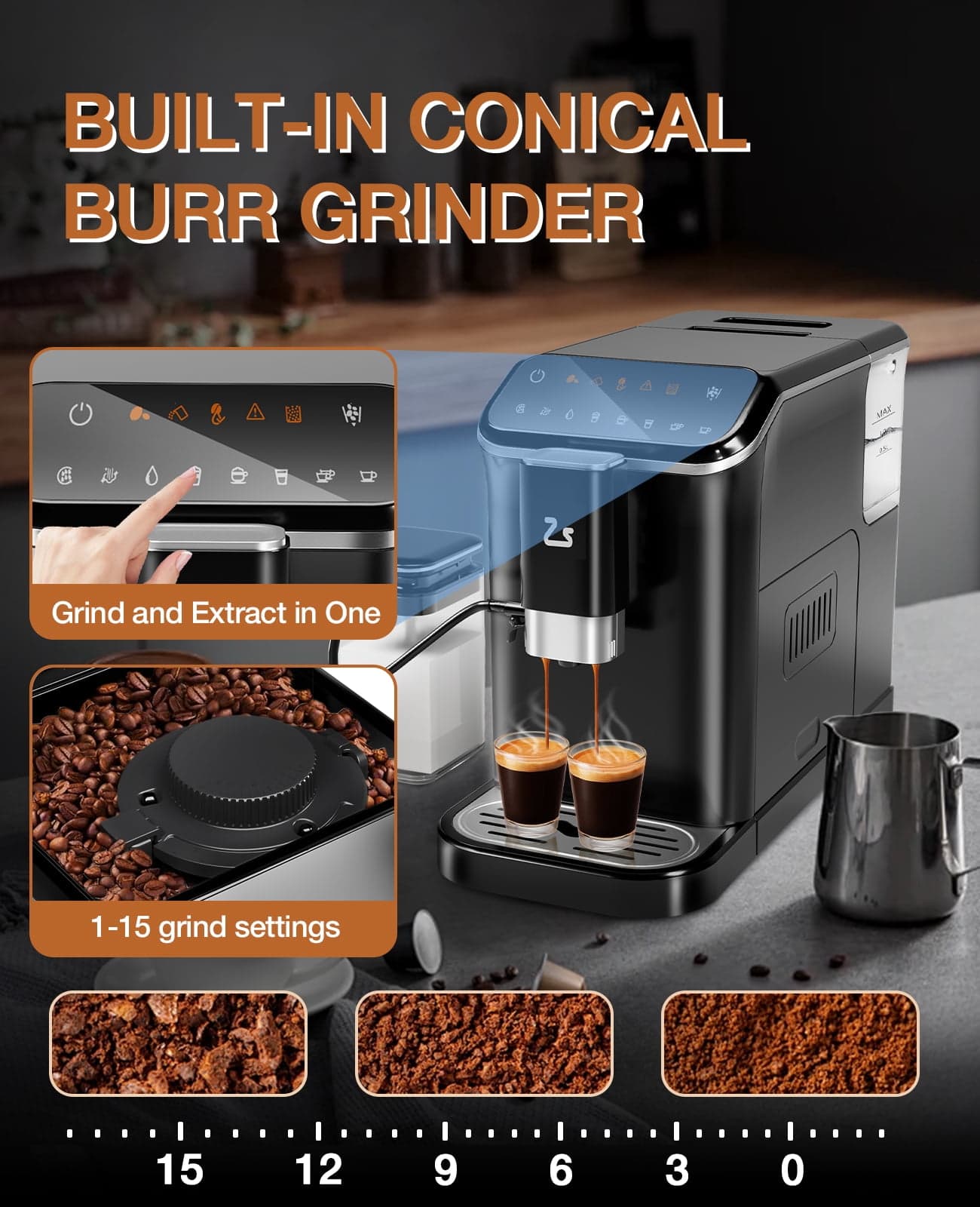 EDTara Automatic Espresso Machine, 1.5L Coffee Maker with Grinder, Milk Frother & Auto Cleaning for Latte, Cappuccino, Macchiato