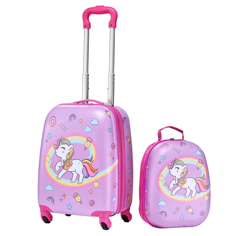 VEVOR Kids Luggage Set, 2 Piece, 18 Inch Hardside Rolling Wheels Suitcase with Hard-Shell Backpack, Unicorn Kids Carry on Luggage Set