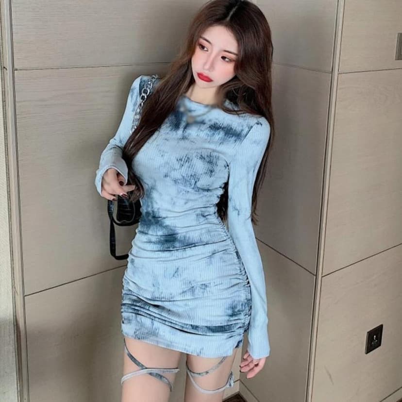 Women‘s Fashion Tie-Dyed O Neck Drawstring Sexy Slim Long Sleeve Tight Dresses Gray