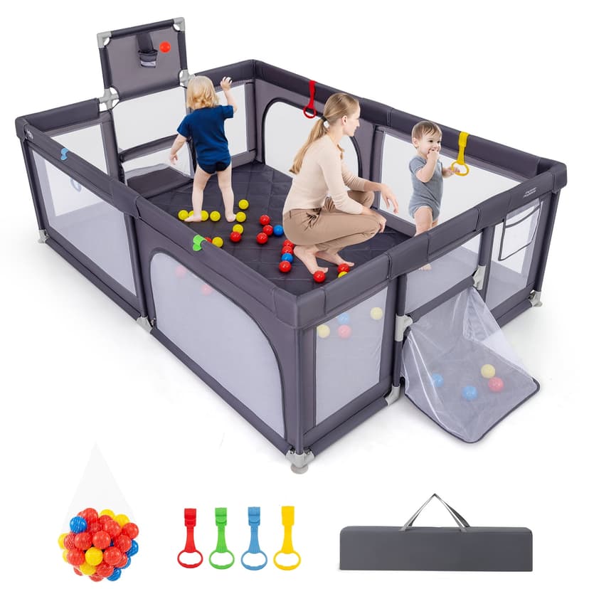 Gymax 81'' x 57'' Extra Large Playpen for Babies & Toddlers Foldable Kids Play Yard w/ Basketball Hoop