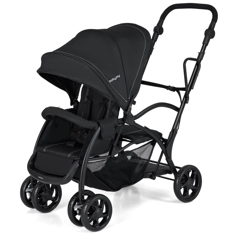 Babyjoy Sit & Stand Double Stroller with Adjustable Handle Bar Backrests Footrest Canopies Black