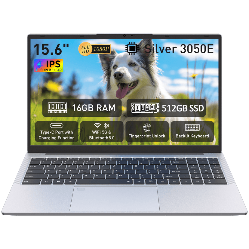 Auusda 15.6" Student Laptop, 16GB DDR4 RAM 512GB SSD, Win 11 Pro Home Computer, Fingerprint, Backlit Keyboard, Silver