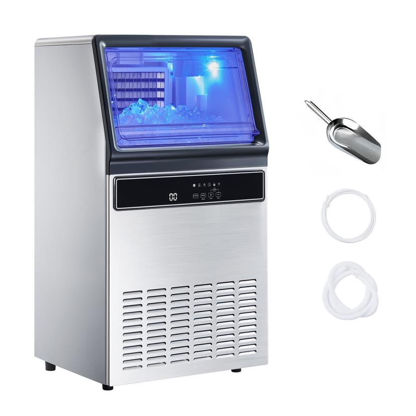 KFFKFF Commercial Ice Maker Machine, 130Lbs/24H with 33Lbs Storage, 45 Cubes per Cycle, Stainless Steel Freestanding & Under Counter Ice Maker