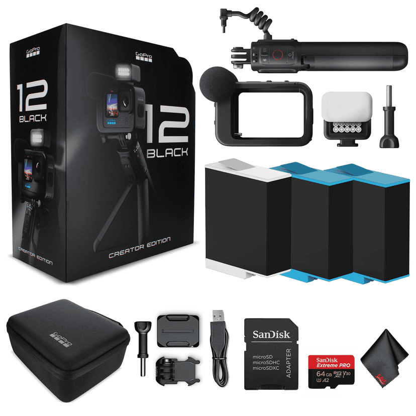 GoPro HERO 12 Creator Edition - with Volta (Battery Grip, Tripod, Remote), Media Mod, Light Mod, Enduro Battery - Waterproof Action Camera + 64GB Extreme Pro Card and 2 Extra Batteries