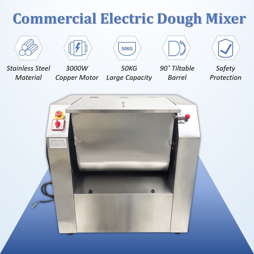 50KG Commercial Electric Dough Mixer Stainless Steel Food Mixing Machine with 90° Tiltable Bowl 110V