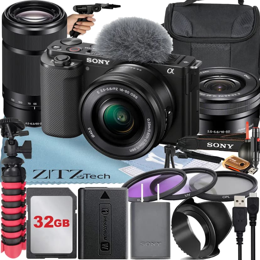 Sony Alpha ZV-E10 Mirrorless Vlog Camera With 16-50mm Lens + 55-210mm Lens + 32GB Memory Card + Filter Kit + Tripod + Case + ZeeTech Accessory Bundle (Black)