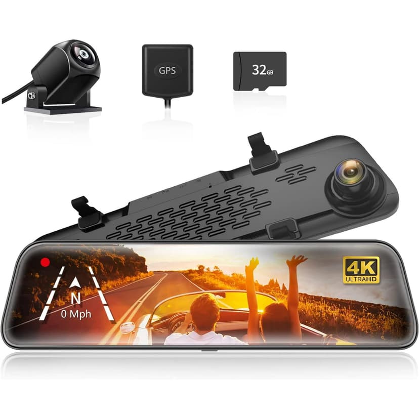 WOLFBOX Rearview Mirror Dash Cam, 4K Front and 1080P Rear Dash Cam, 12" Backup Dash Camera for Cars with Night Vision, Free 32GB Card