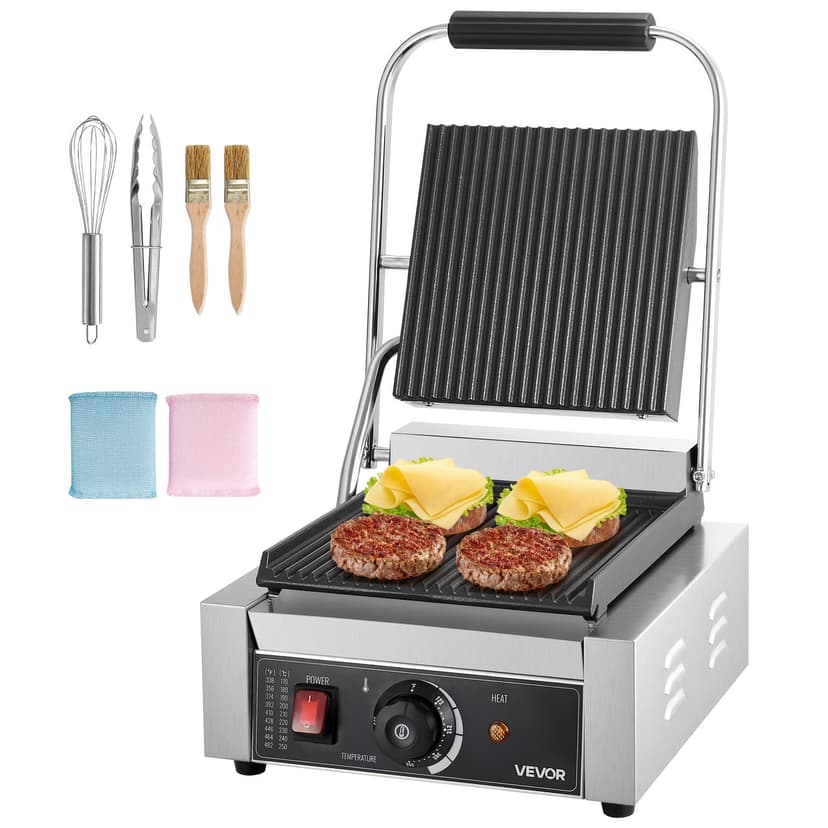 VEVOR Commercial Panini Grill, 1800W Electric Sandwich Panini Maker, Stainless Steel Sandwichs Press Grill with Handle and Temp Control, 8.8x9 in Full Grooved Enamel Plate