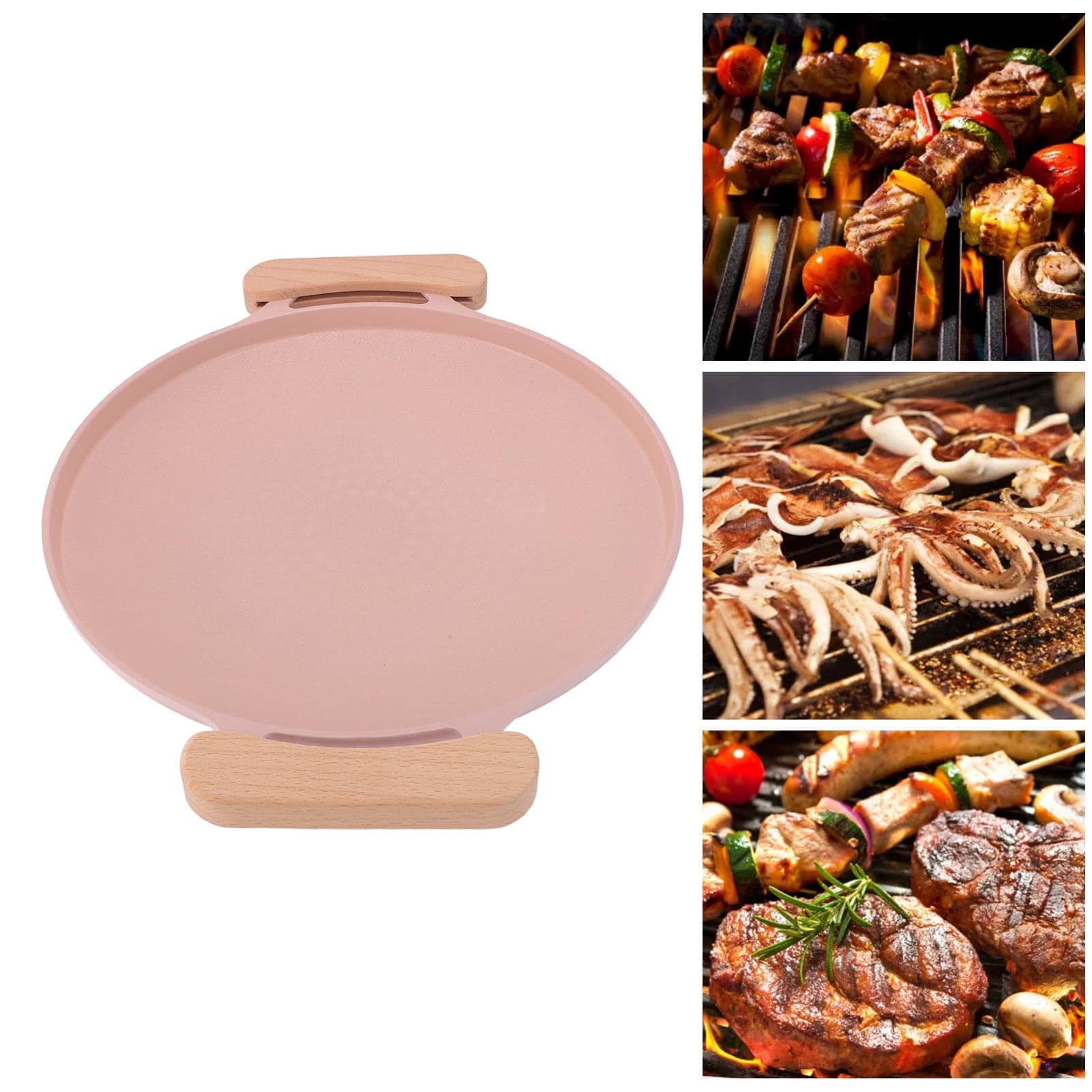 Korean BBQ Grill Pan, Stovetop Korean BBQ Non Stick Round Barbecue Grill Pan BBQ Plate with Wood Handles, 12.3inch Round BBQ Griddle, Aluminum Grill Pan for Indoor Outdoor Grilling
