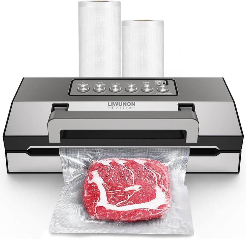 Precision Vacuum Sealer Machine – LIWUNON Stainless Steel Powerful Food Sealer, Double Heat Seal One Hand Operation Versatile for All Food Storage with Build-in Cutter & Roll Storage, Sous Vide