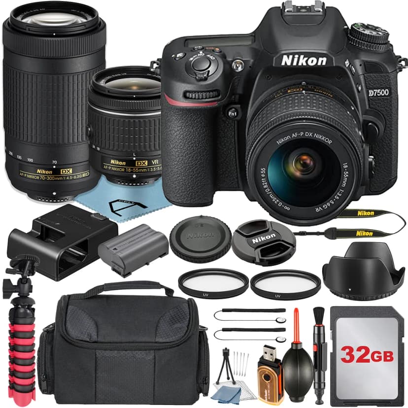 Nikon D7500 DSLR Camera with 18-55mm + 70-300mm Lens + 32GB Memory Card + Case + Tripod + UV Filter + A-Cell Accessory Bundle