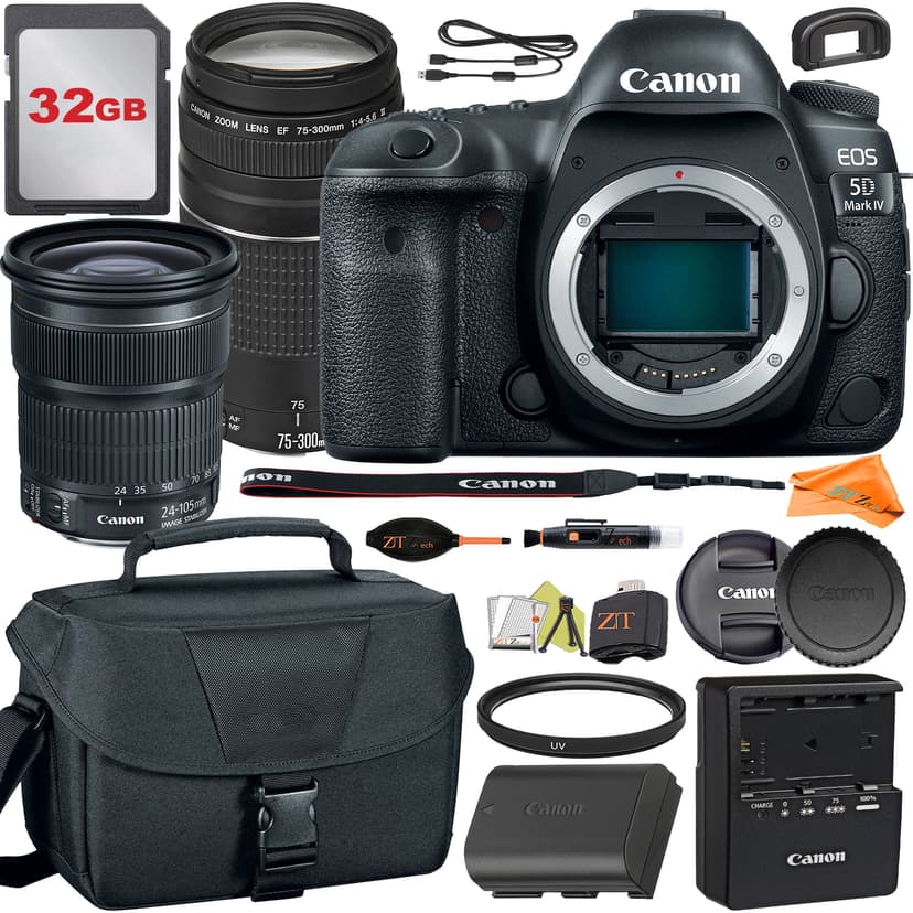 Canon EOS 5D Mark IV DSLR Camera with 24-105mm + 75-300mm Lens + 32GB Card + Case + ZeeTech Accessory Bundle