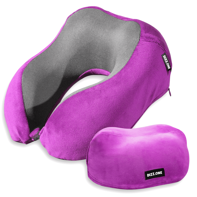 Dizz One Memory Foam Ergonomic Neck Pillow for Traveling, Folds Compact, Violet