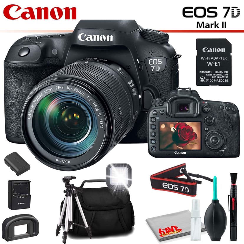 Canon EOS 7D Mark II DSLR Camera (Intl Model) with 18-135mm Lens & W-E1 Wi-Fi Adapter With Backpack, Tripod and LED Light and Cleaning Kit