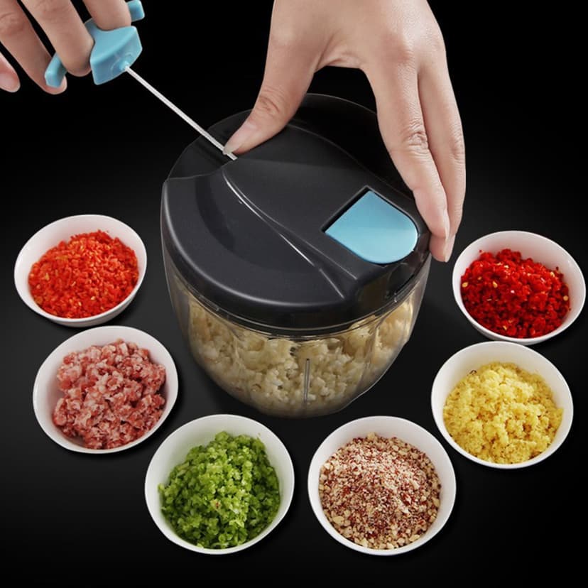 cpengpj Manual Food Chopper Vegetable Masher with 5 Blades, Grey 900ml Portable Non-Electric Pull String for Garlic Onions Baby Food Puree Easy Use