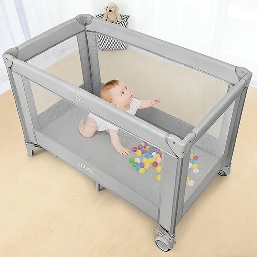 Foldable Baby Playard, Portable Crib Baby Playpen Infant Safety Activity Center with Wheel and Carry Bag for Home Travel Outdoor, Grey