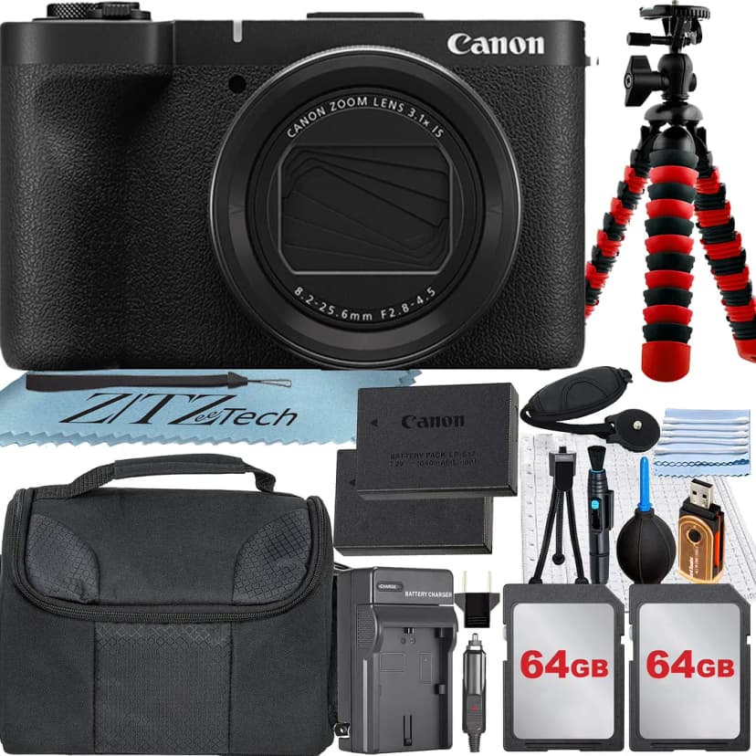 Canon PowerShot V1 4K Vlogging Camera with 2 Pack 64GB Memory Card + Case + Tripod + ZeeTech Accessory Bundle