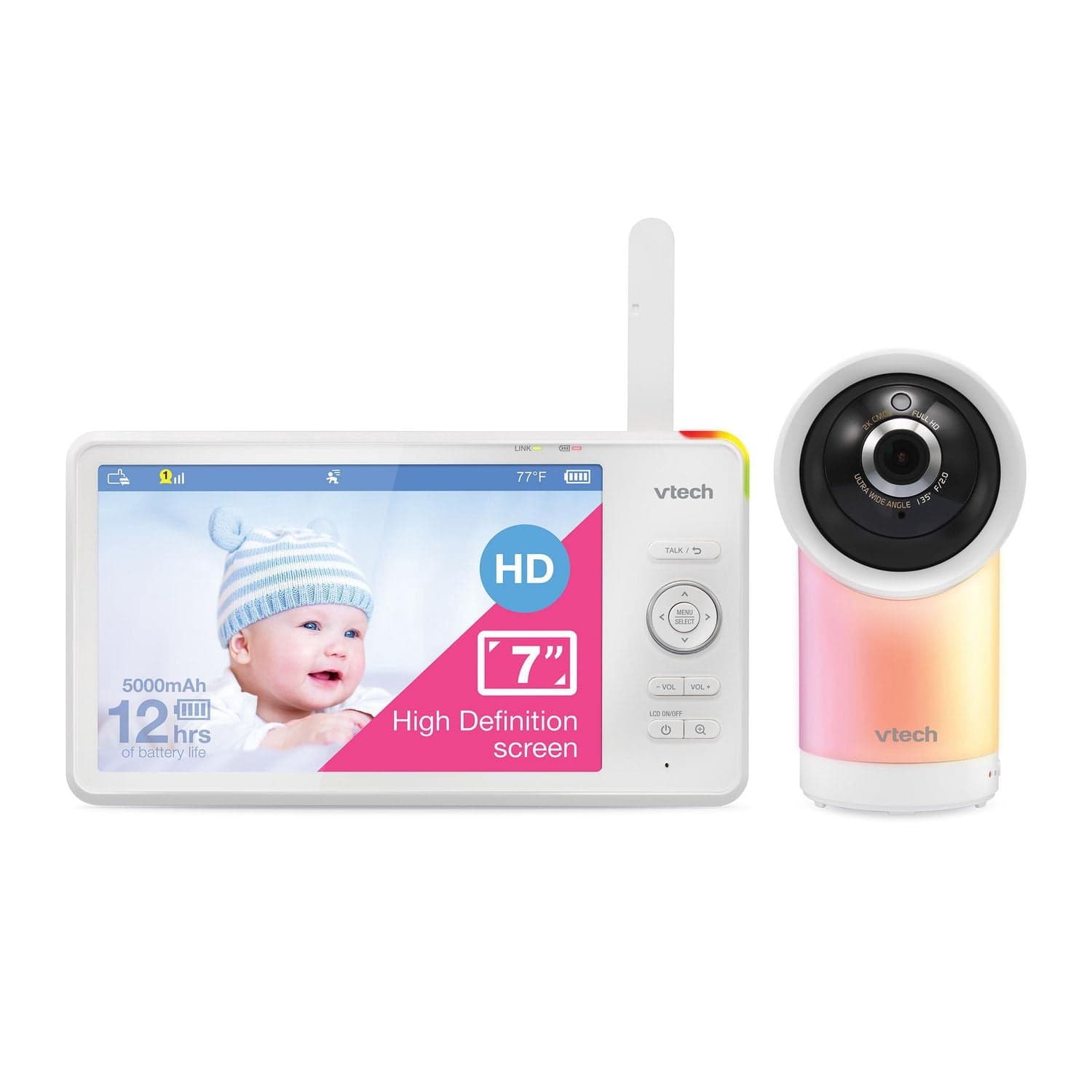 VTech RM7766HD 1080p Smart WiFi Remote Access 360 Degree Pan & Tilt Video Baby Monitor with 7” High Definition 720p Display, Night Light, White