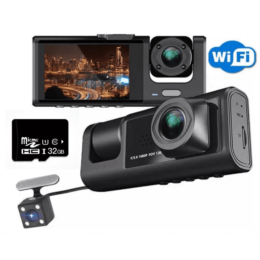 3 Channel Wi-Fi Dash-cam, 2-inch Screen Driving Recorder, High-Definition 1080P, Night Vision, Loop recording, Motion Detection, G-Sensor +32 GB SD Card