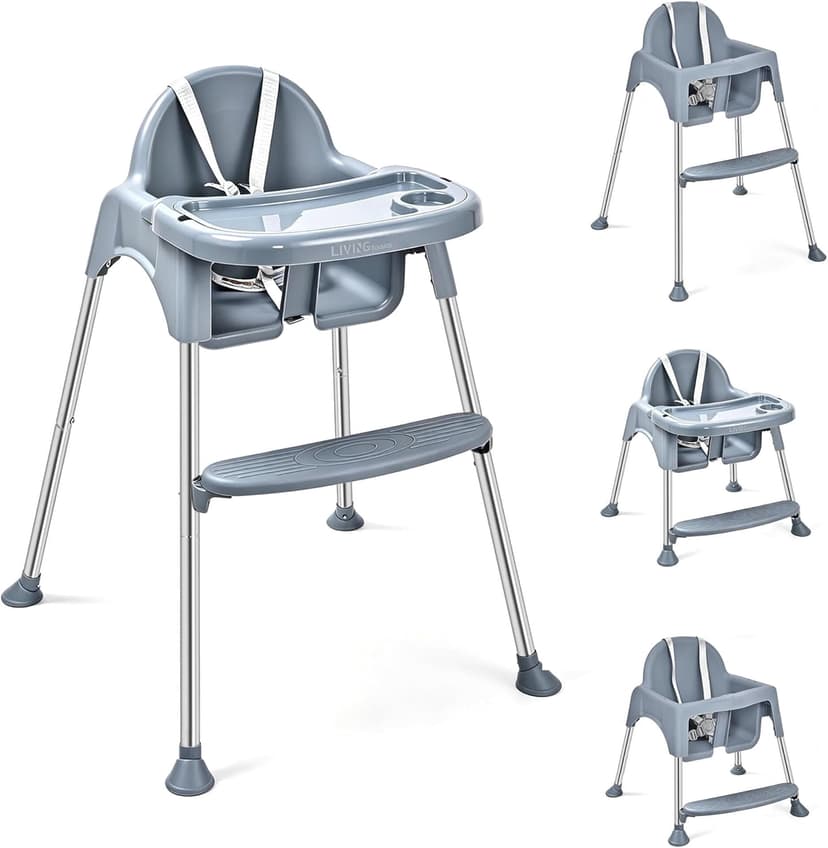 4-in-1 Convertible Baby High Chair, Toddler Chair Child's Dining Chair with Adjustable Dual Tray and &Non-Slip Foodpad, 5-Point Safety Belt