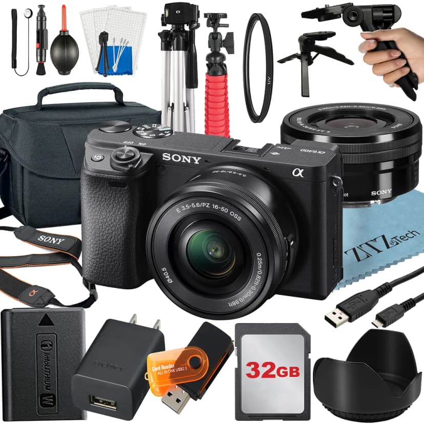 Sony Alpha a6400 Mirrorless Digital Camera with E PZ 16-50mm OSS Lens, 32GB Card, Tripod, Case, ZeeTech Accessory Bundle