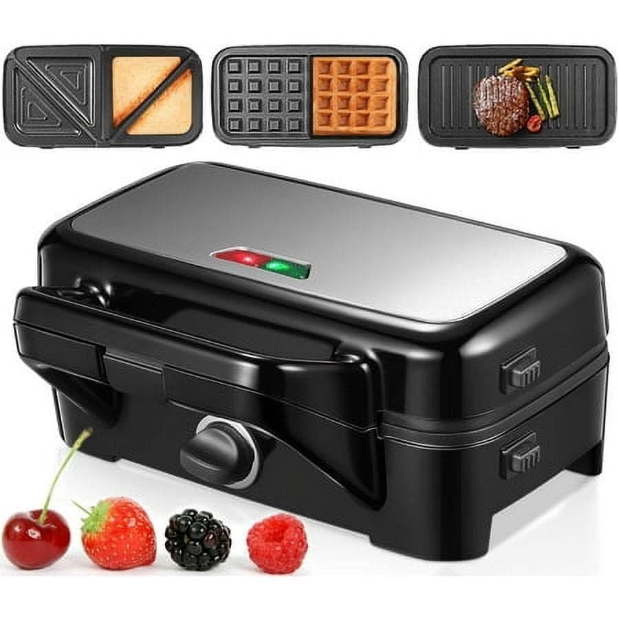 HOUSNAT 3 in 1 Sandwich Maker, Waffle Maker with Removable Plates, 1200W Panini Press with Interchangeable Non-Stick Plates, Indicator Lights, 5-gear Temperature Control, Silver/Black