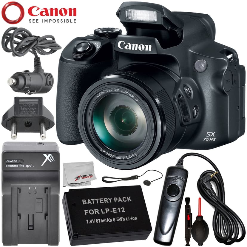 Canon PowerShot SX70 HS Digital Camera with Essential Accessory Bundle – Includes: Extended Life Replacement Battery (LP-E12) + AC/DC Rapid Home and Travel Charger + Wired Shutter Remote + MORE