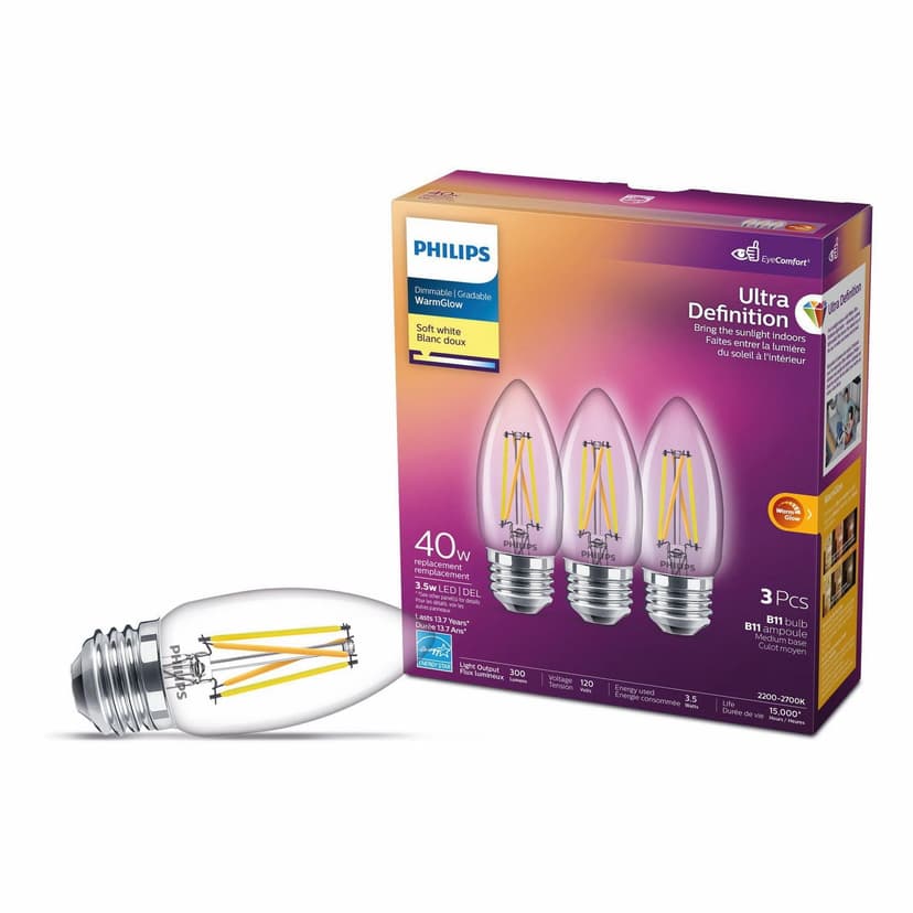 Philips LED Ultra Definition 40W Chandelier (B11) Medium Base (E26) Soft White WarmGlow Glass Clear 3-Pack