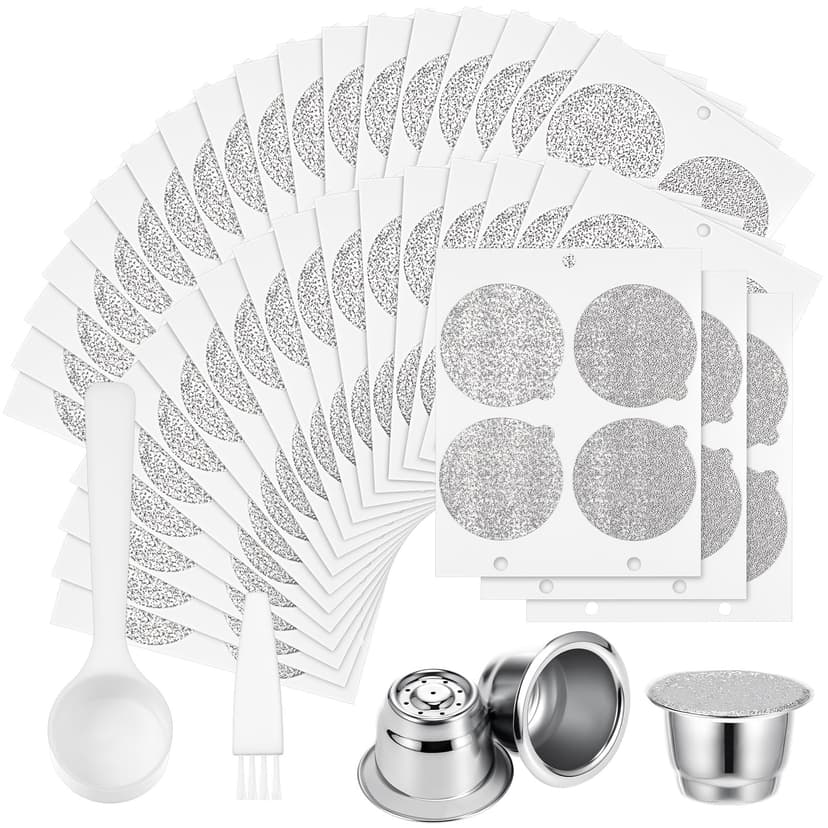 HLONK Tanlade 300pcs Reusable Espresso Capsules 2 Refillable Coffee Pods Stainless Steel Cups Filters Compatible with Nespresso Original Line Machines with Aluminum Foil Seals Stickers Li