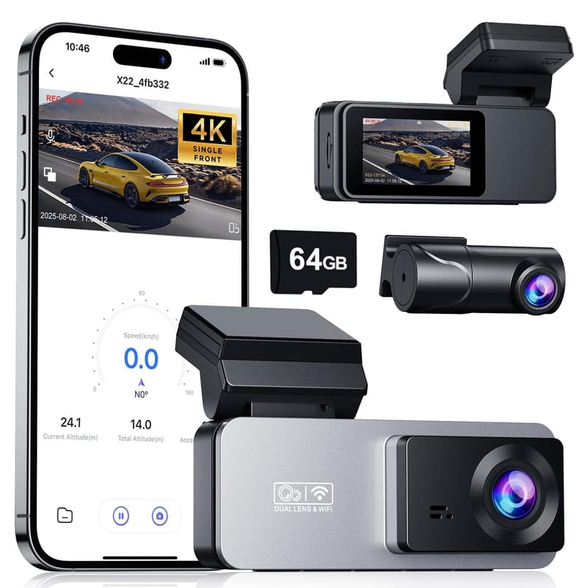 Eassky Dash Cam Front and Rear, 4K Front Dash Cam, 3K+1080P Dual Dash Camera for Cars, Built-in WiFi, Car Dashcams with Night Vision, Free 64GB Card,