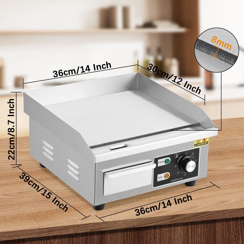 AKDSteel 14" Stainless Steel Electric Griddle, 1500w Countertop Grill With Non-Stick Surface And Adjustable Temperature Control From 122°f To 572°f, Perfect For Indoor Cooking Or Camping