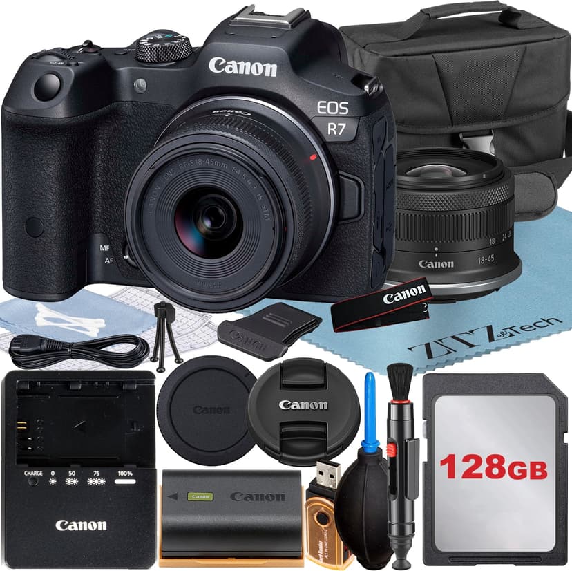 Canon EOS R7 Mirrorless Camera with RF-S 18-45mm Lens + SanDisk 128GB Memory Card + Case + ZeeTech Accessory Bundle