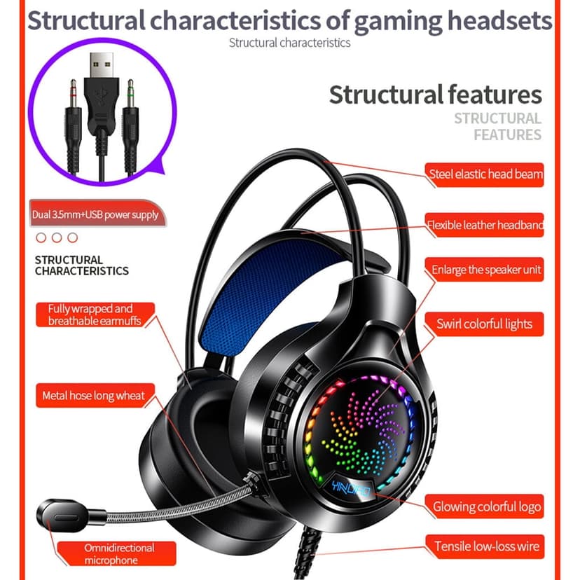 VONKY Wired Gaming Headphone Portable Rotatable Microphone 20-20KHz Net Bar Music Listening Game Playing Headset with Sound Card Black