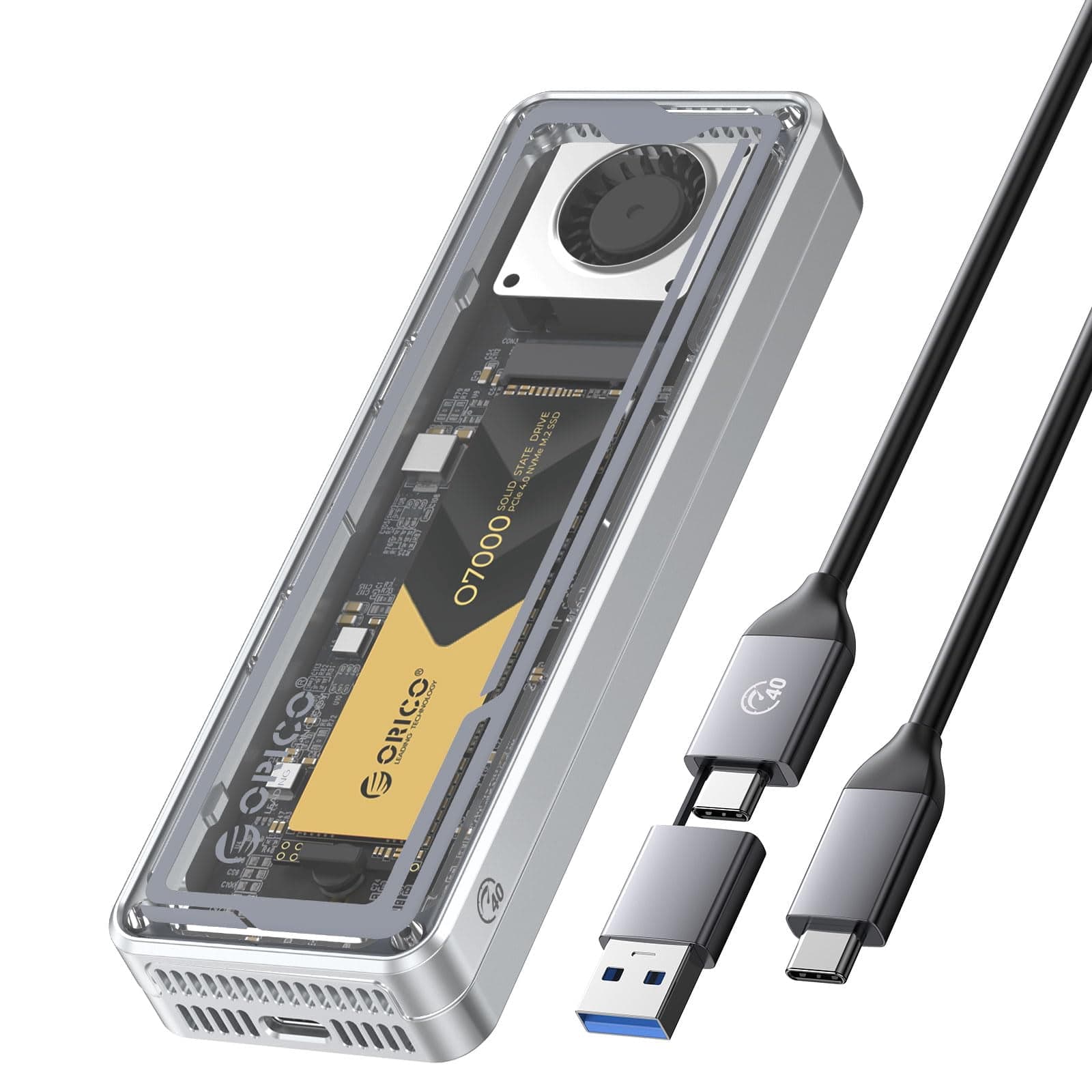 ORICO 40Gbps M.2 NVMe SSD Enclosure with Cooling Fan, Tool-Free Installation Aluminum Crystal NVMe Case, Support 2280 M2 Solid State Drive, Compatibl