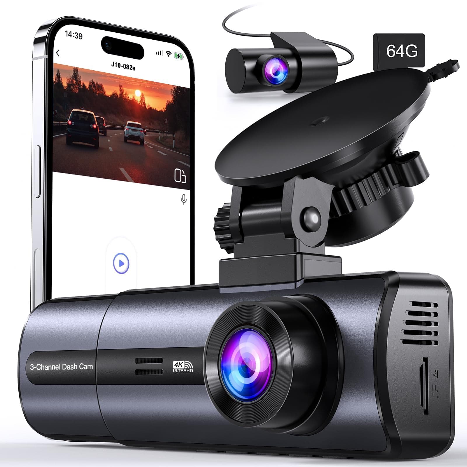 3 Channel 4K Dash Cam with 5GHz WiFi & APP Control, 4K/2.5K+1080P+1080P Front Inside and Rear, Triple Dash Camera with 64GB Card,