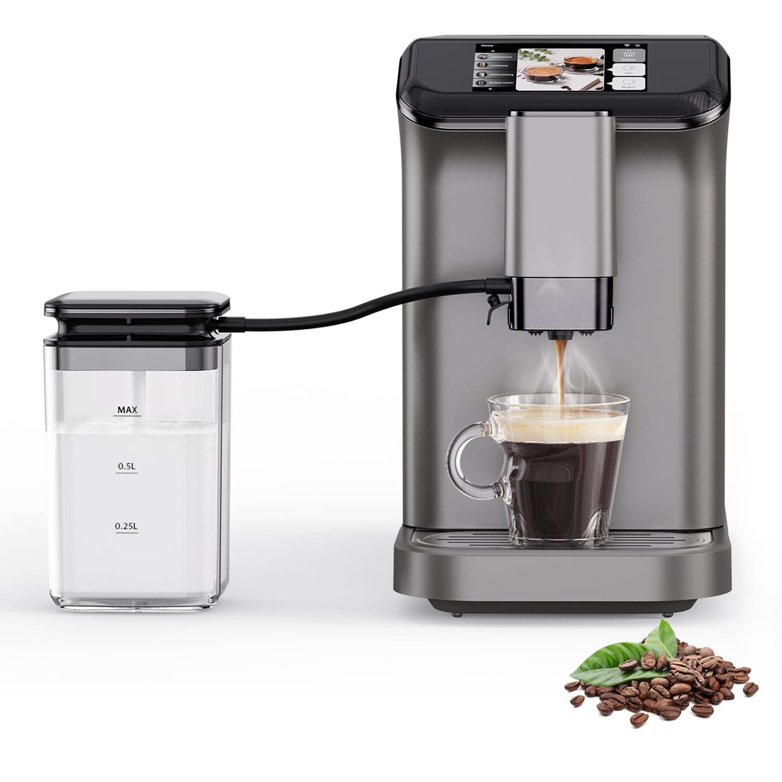 Fully Automatic Espresso Coffee Maker - 20 Bar Pump, Built-in Grinder, Milk Frother, LCD Touch Display, Double Boiler, Ceramic Grinder, Auto-Cleaning, Home & Office - Interstellar Gray Electroplating