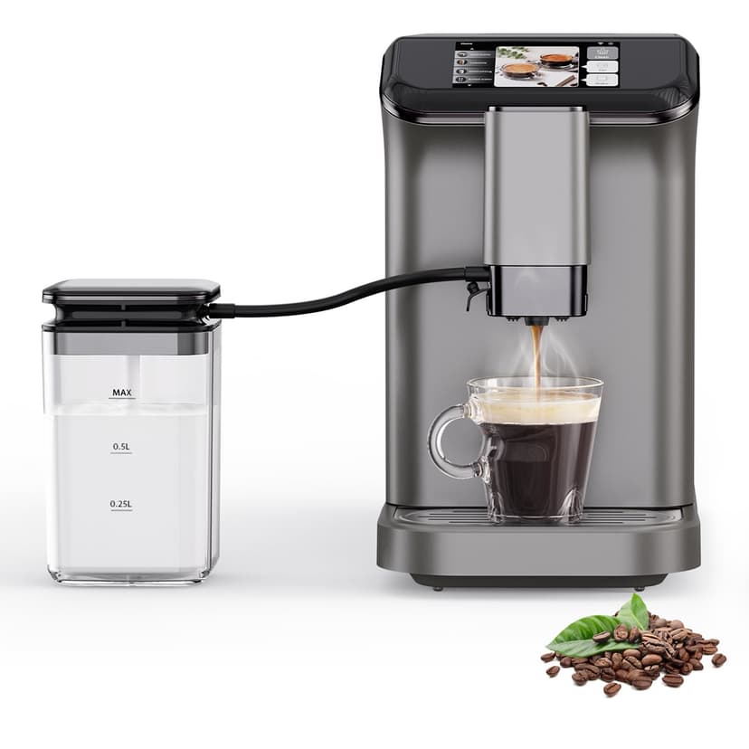 Fully Automatic Espresso Coffee Maker - 20 Bar Pump, Built-in Grinder, Milk Frother, LCD Touch Display, Double Boiler, Ceramic Grinder, Auto-Cleaning, Home & Office - Interstellar Gray Electroplating