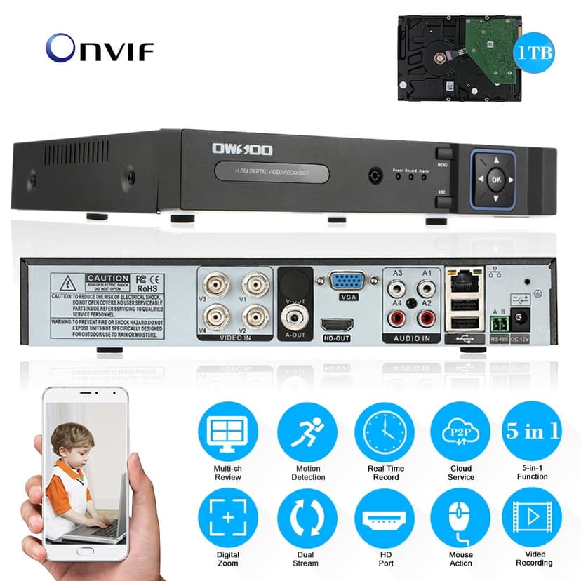 OWSOO 4-Channel 1080P Hybrid DVR with 1TB Seagate Hard Drive - All-in-One CCTV Surveillance System with Motion Detection and Remote Access via Mobile App
