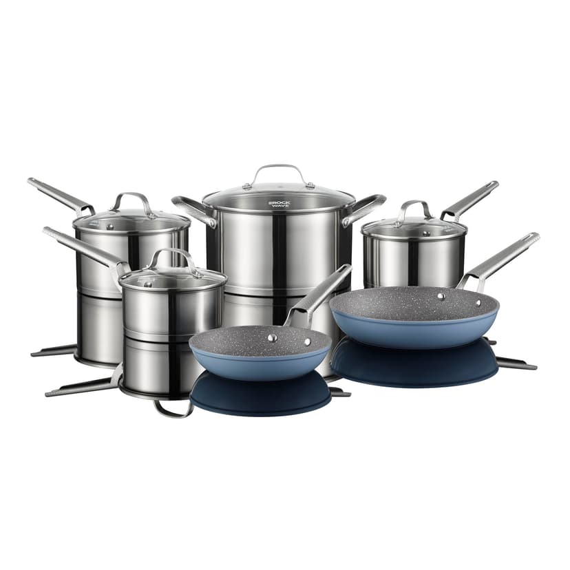 Starfrit The Rock Wave 10-Pc Non-Stick Cookware Set, Durable Stainless Steel, Oven Safe, PFOA Free, Easy to Clean, Includes 2 Non-stick Fry Pans (8" and 10")