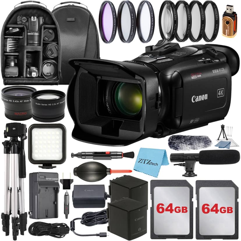 Canon Vixia HF G70 UHD 4K Camcorder with 2 Pack 64GB Memory Card + Case + Tripod + Wideangle Lens + LED Flash + Microphone + Filter Kit + ZeeTech Accessory Bundle