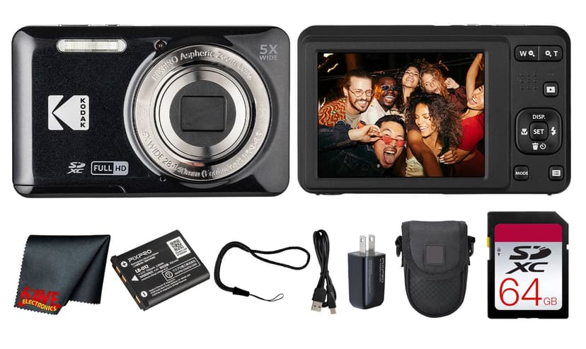 Kodak PIXPRO FZ55 Digital Camera (Black) (FZ55BK) + 64GB Card + Case + Cleaning Cloth