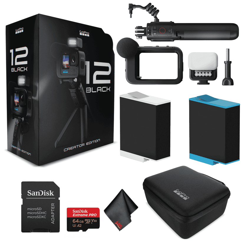 GoPro HERO 12 Creator Edition - with Volta (Battery Grip, Tripod, Remote), Media Mod, Light Mod, Enduro Battery - Waterproof Action Camera + 64GB Extreme Pro Card and Extra Battery