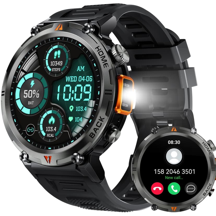 Smart Watches for Men KE3 with LED Flashlight 3ATM Waterproof Android Smart Watch Compatible with iPhone(Call Received/ Dial) 1.45” HD 110+ Sports Modes