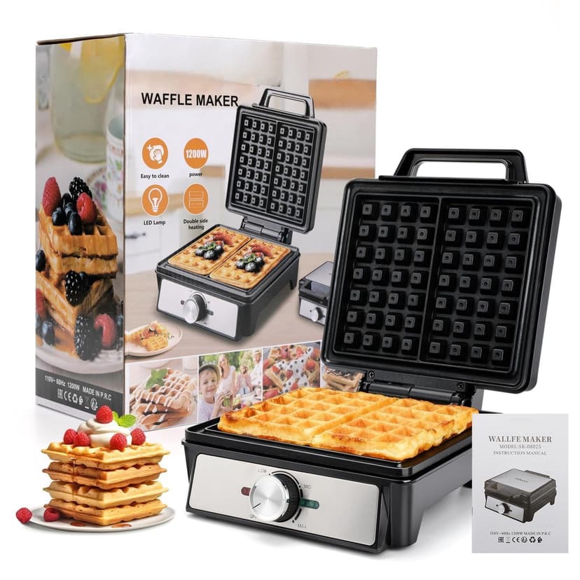 Dkovnck Belgian Waffle Maker 4 Slices, 1600W Waffle Iron, Double sided operation, not easy to stick to the bottom, Indicator light with knob