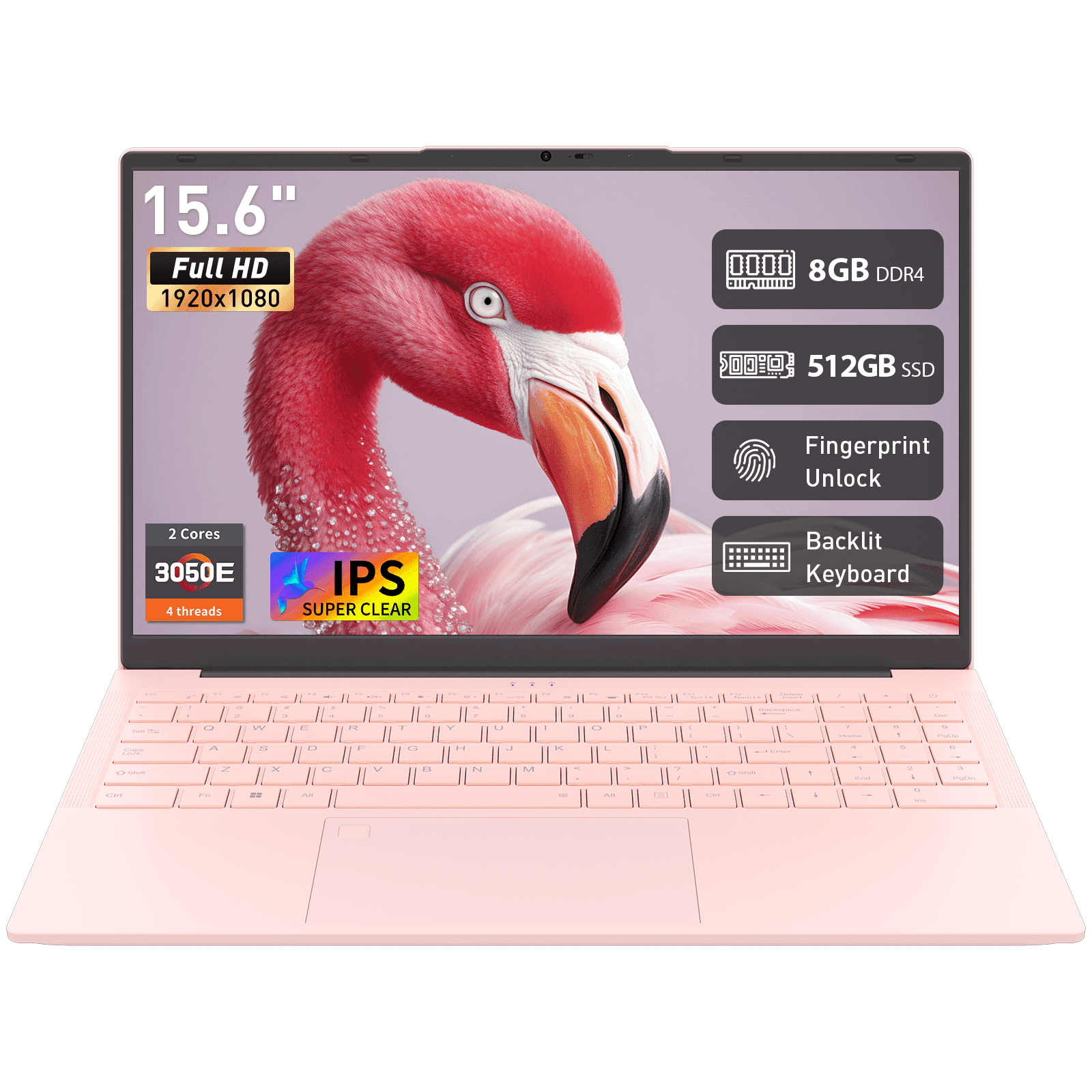 Exsurf 15.6" Home & Student Laptop,Win 11 Pro,8GB RAM 512GB SSD,Backlit Keyboard, Fingerprint Unlock,Pink