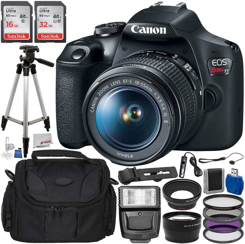 Canon EOS Rebel T7 DSLR Camera with 18-55mm EF-S f/3.5-5.6 IS II Lens & Accessory Bundle – Includes: SanDisk 16GB & 32GB SDHC Memory Cards + Wide Angle Lens + Telephoto Lens + Slave Flash + MORE