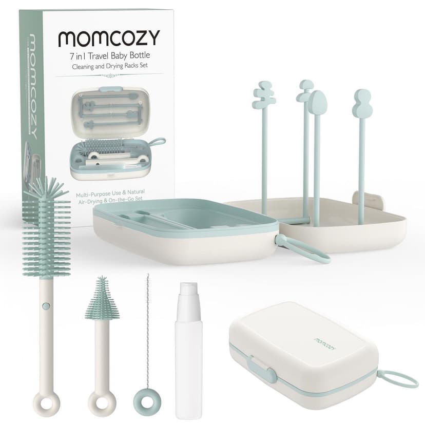 Momcozy Bottle Brush Set, Baby Bottle Cleaner Kit with Silicone Brush, Nipple Brush, Straw Brush, Soap Dispenser, Drying Rack, 7 in 1 Bottle Cleaning Tool, Green